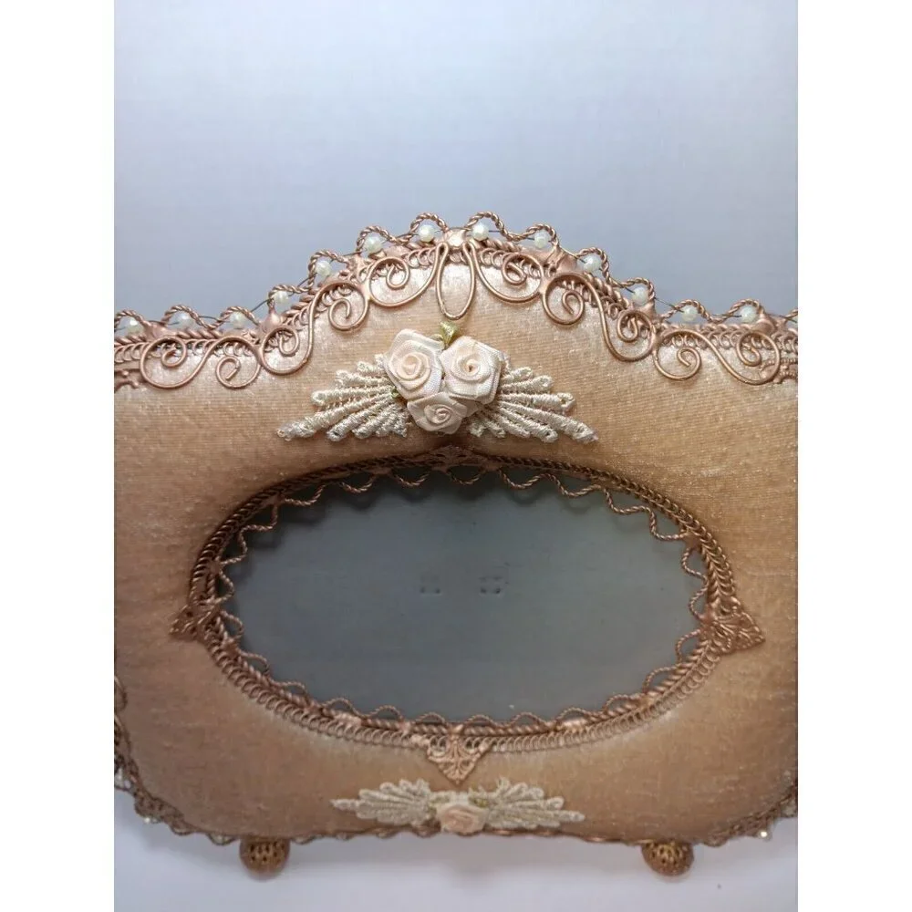 Vintage Victorian Frame Velour With Gold Brass Size 9.5x8 And Trinket Box Set